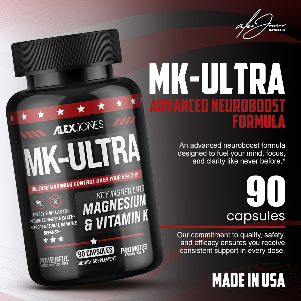 Label highlights magnesium andK2 ingredients from Alex Jones Naturals