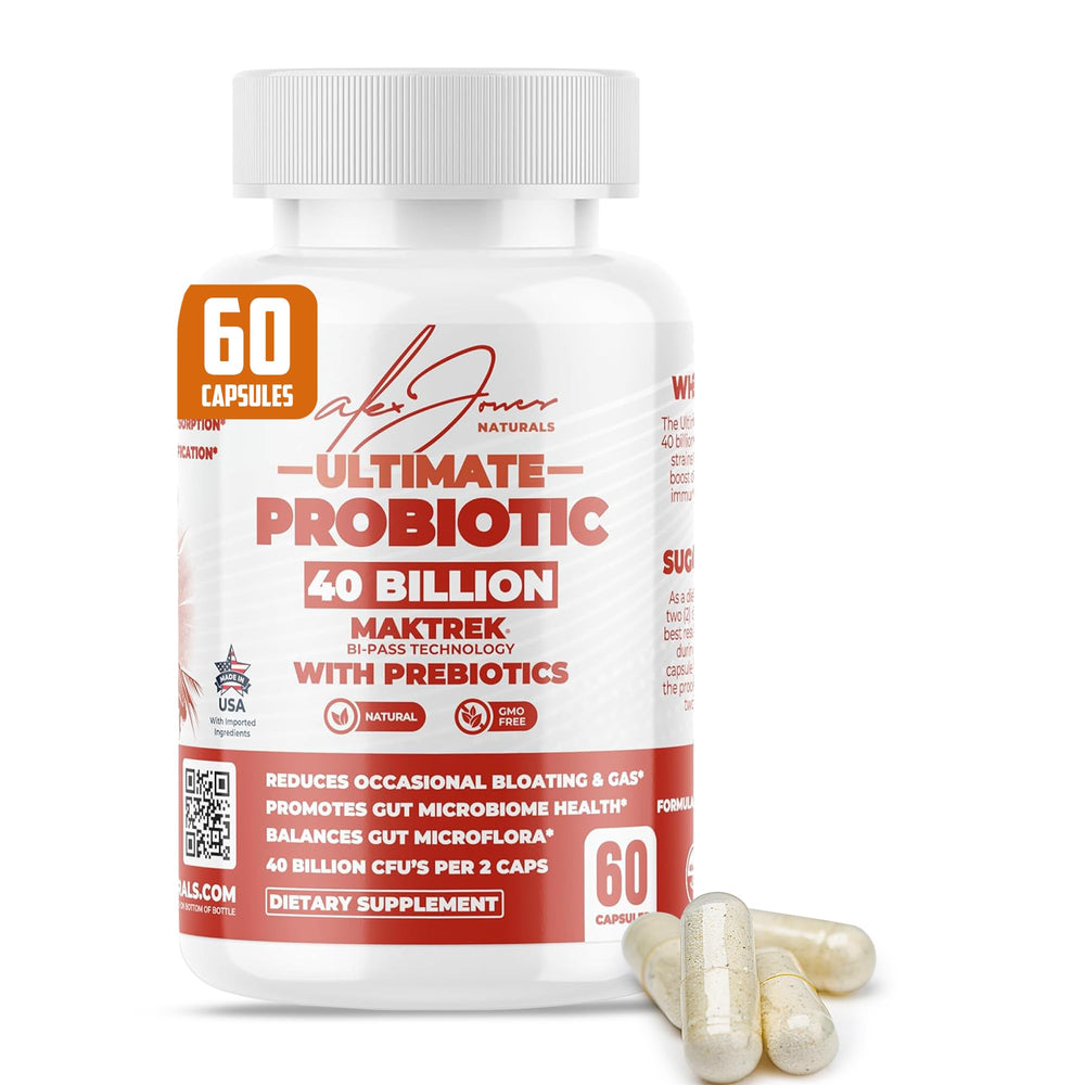 Alex Jones Naturals probiotic bottle front view highlighting high-potency 40B CFU formula.