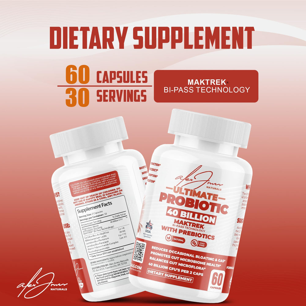 Alex Jones Naturals probiotic capsules close-up emphasizing vegan capsules for daily use.