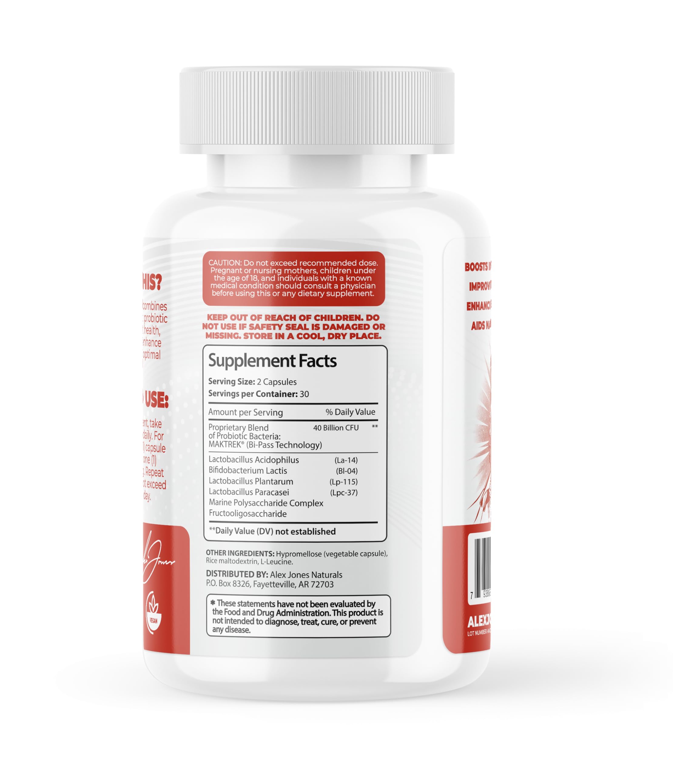 Alex Jones Naturals probiotic daily-use scene with bottle and glass.