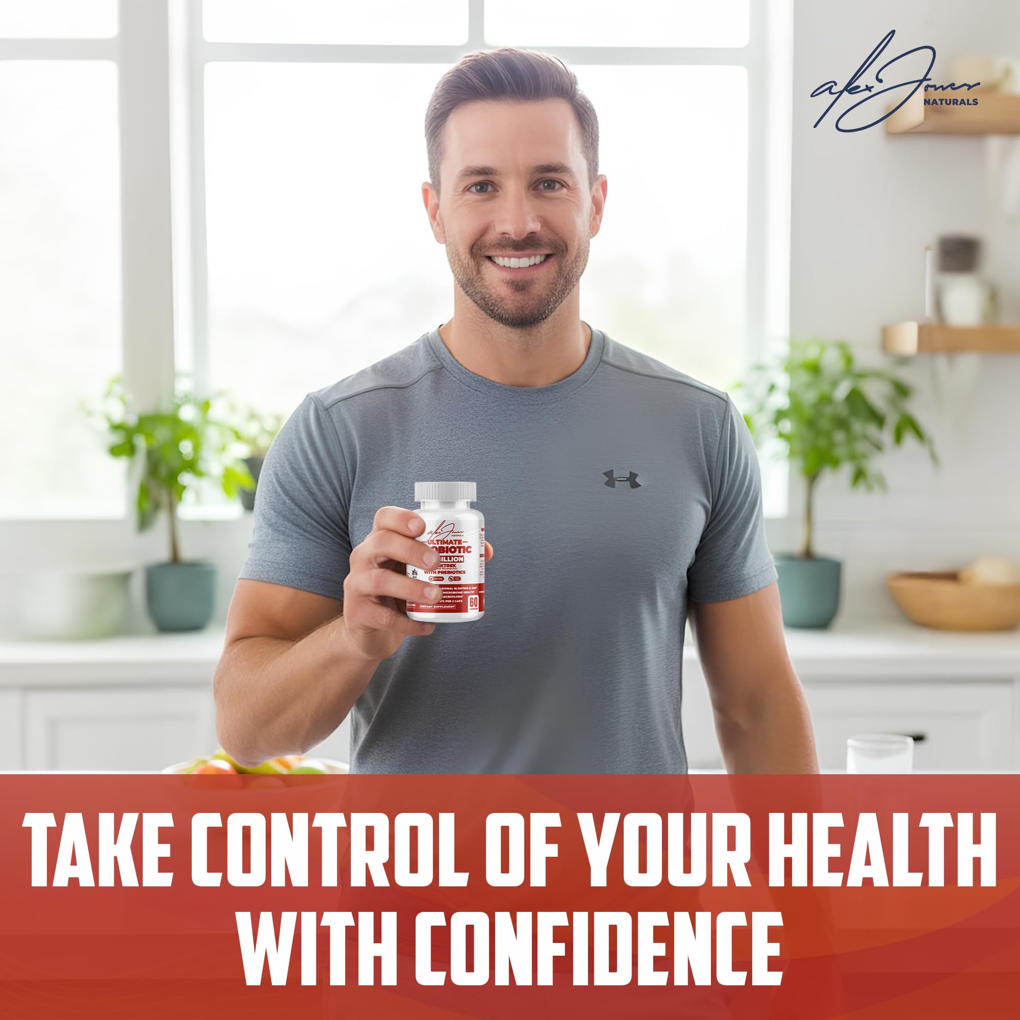 Alex Jones Naturals probiotic capsules being poured into a hand.
