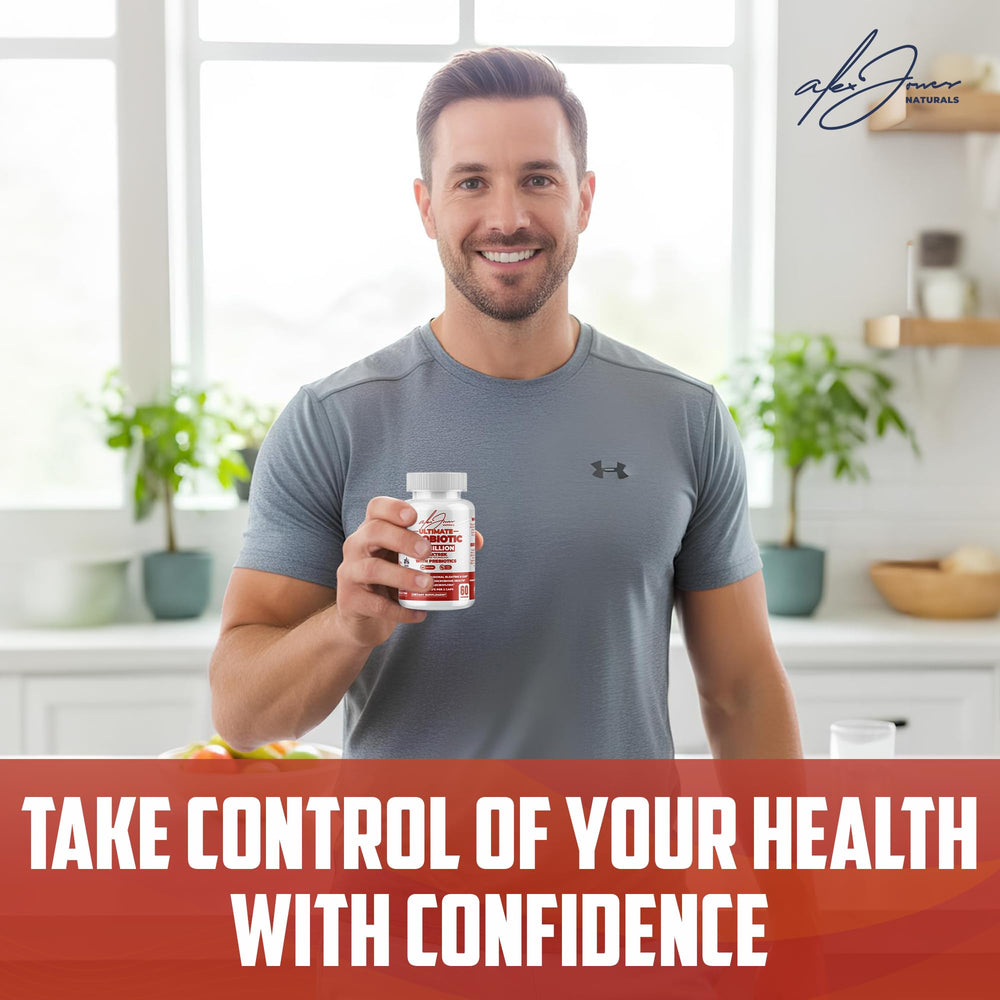 Alex Jones Naturals probiotic capsules being poured into a hand.