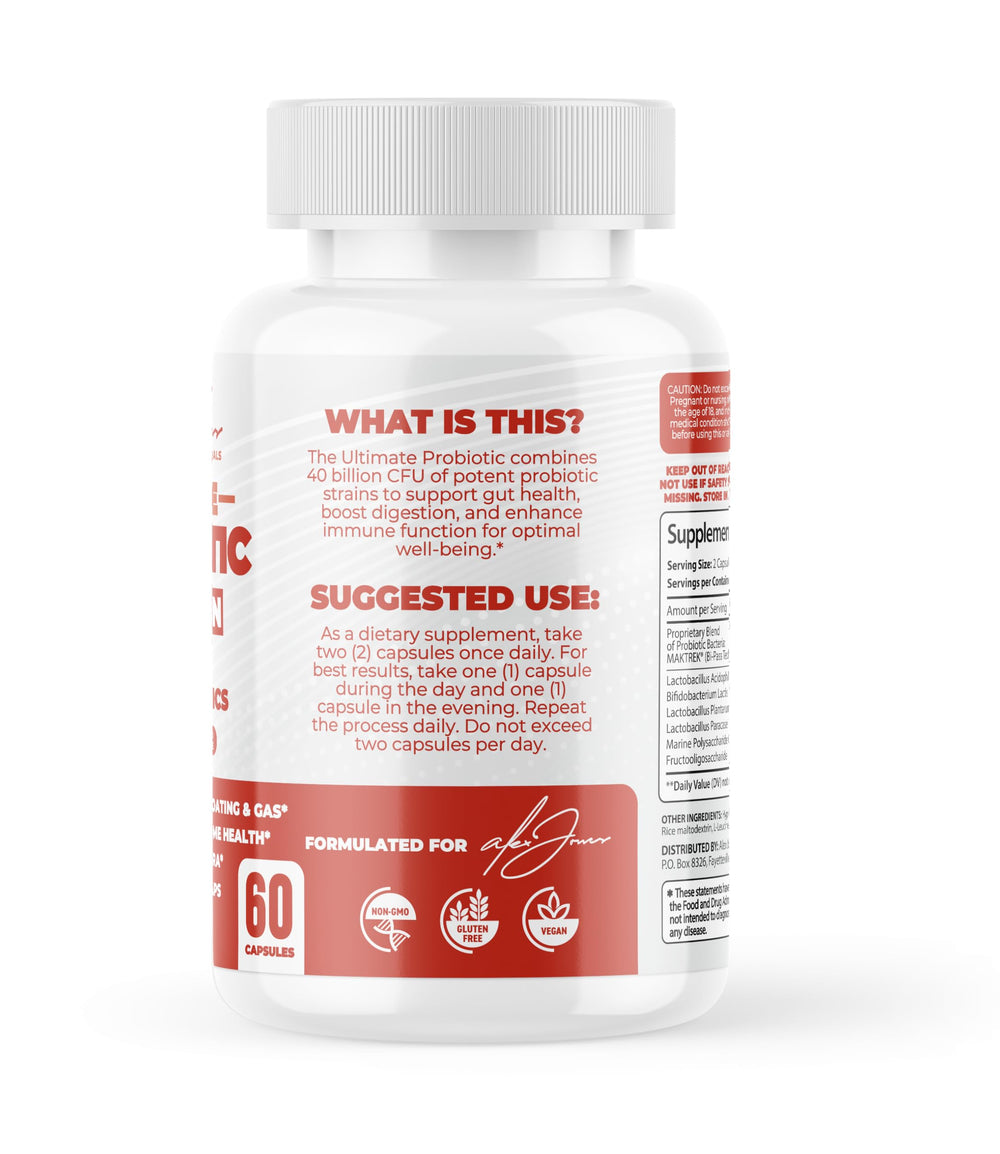 Alex Jones Naturals probiotic vegan symbol on packaging.