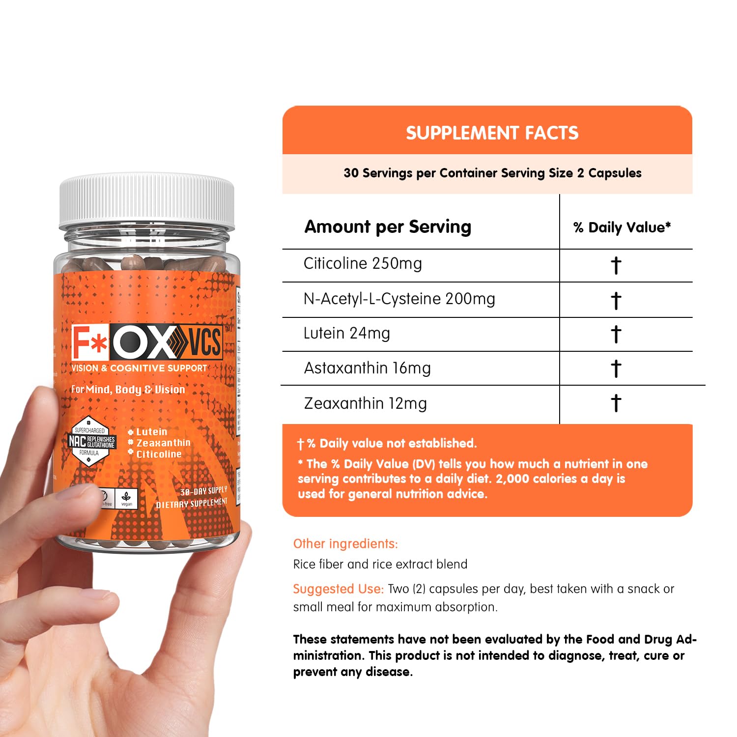 Alexsyn F*OX VCS packaging shows lutein and zeaxanthin for eye function.