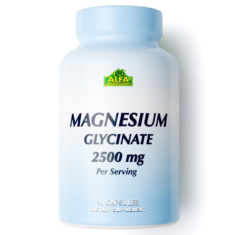 ALFA VITAMINS Magnesium Glycinate 250mg bottle with 90 capsules supporting muscle function.