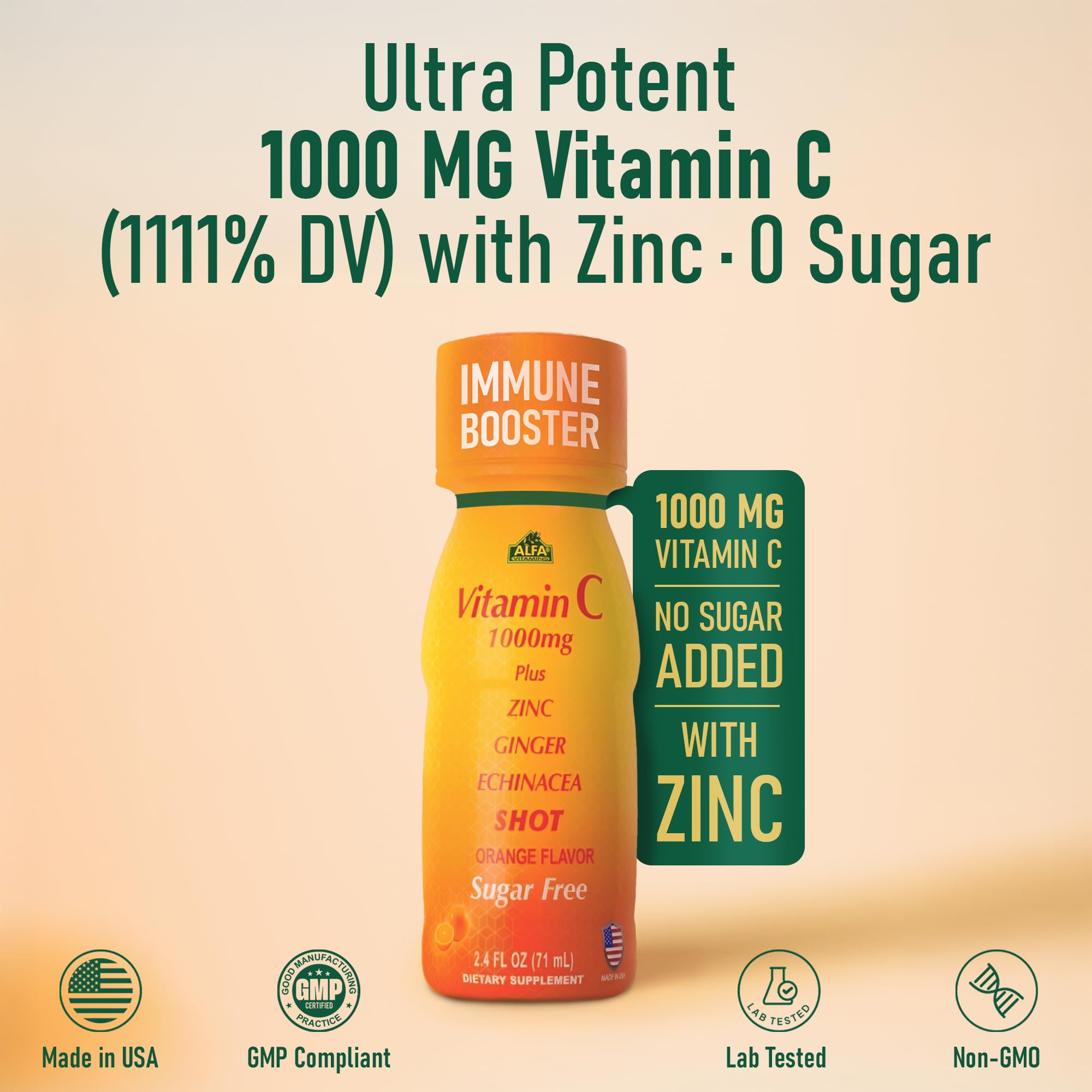 ALFA VITAMINS Vitamin C Shot label closeup highlights 1000mg Vitamin C and zinc