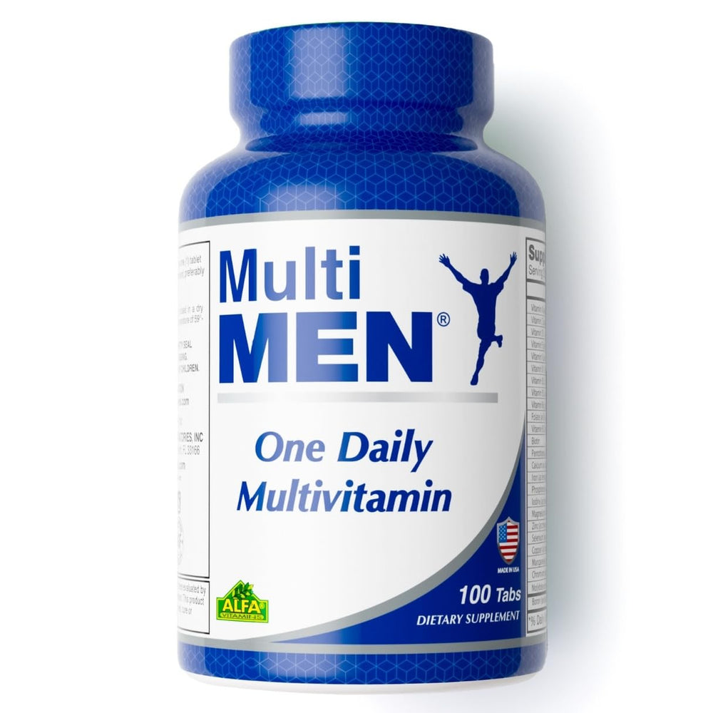 ALFA VITAMINS Multi Men bottle label highlighting full vitamin and mineral spectrum for daily wellness