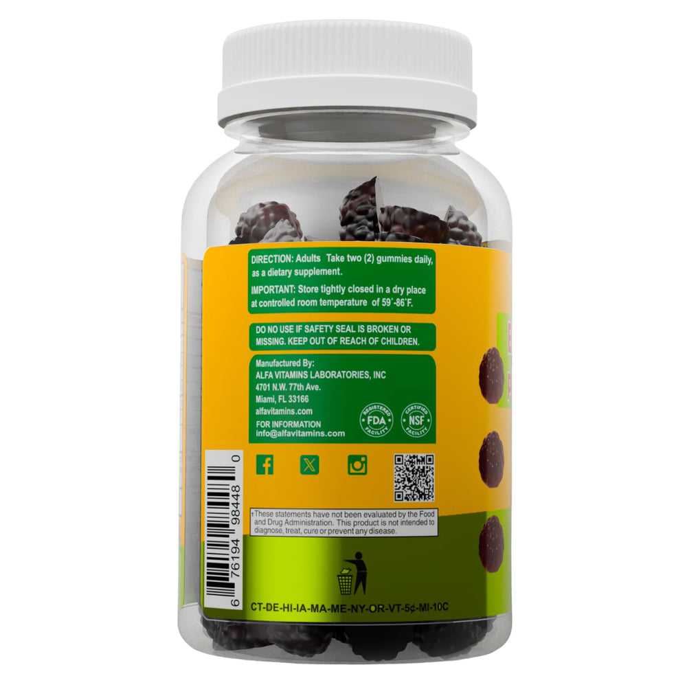 ALFA VITAMINS vitamin C and zinc gummies pouch highlights immune-supporting nutrition.