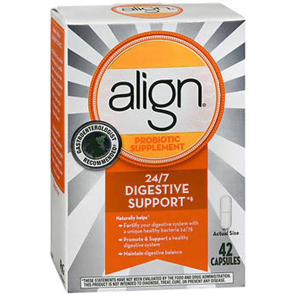 Align probiotic supplement bottle promotes digestive balance for daily wellness.