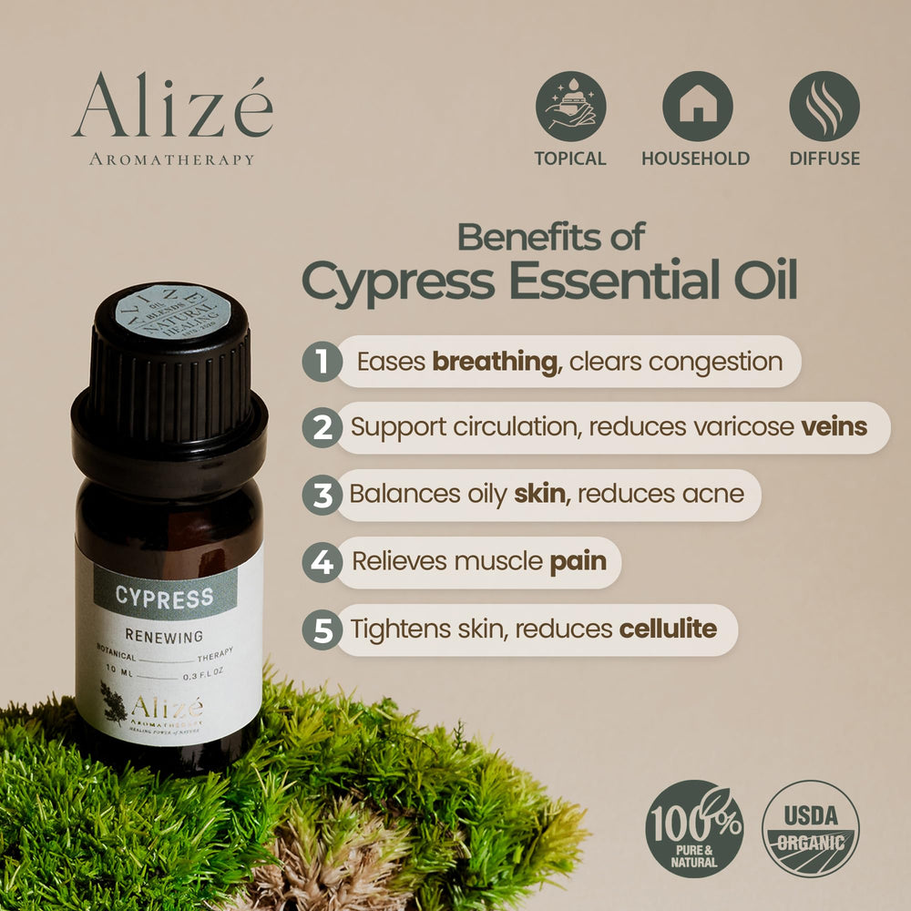 Alizé Aromatherapy Cypress Oil shown as diffuser-ready bottle for home use