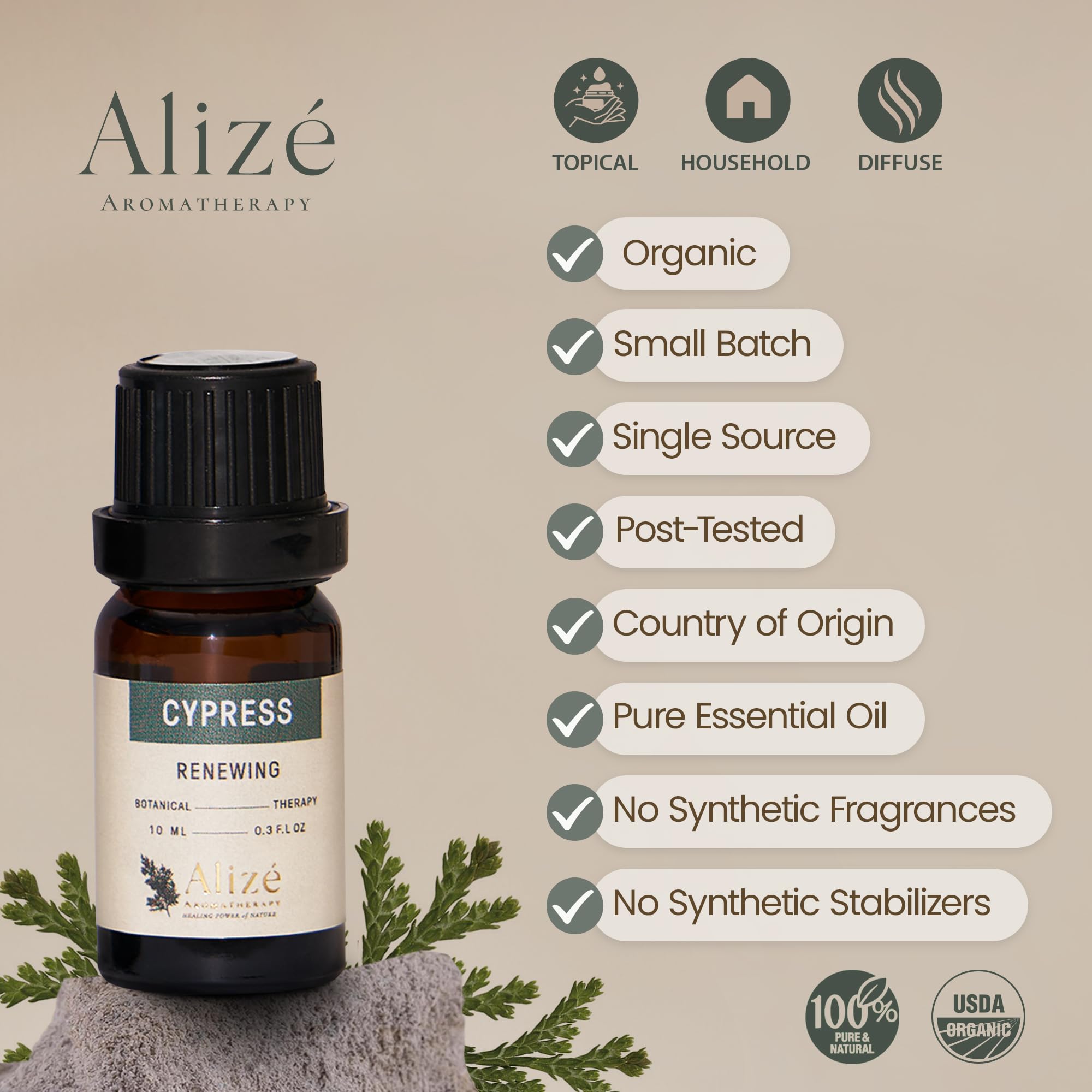 Close-up of dropper on Alizé Cypress Oil for precise dispensing