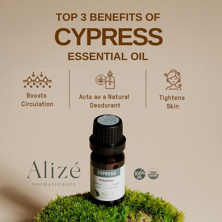 Alizé Aromatherapy Cypress Oil label highlights USDA organic certification and purity