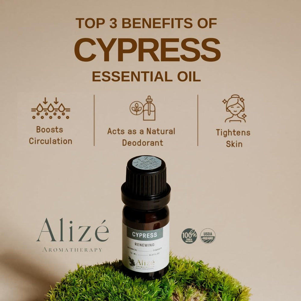 Alizé Aromatherapy Cypress Oil label highlights USDA organic certification and purity