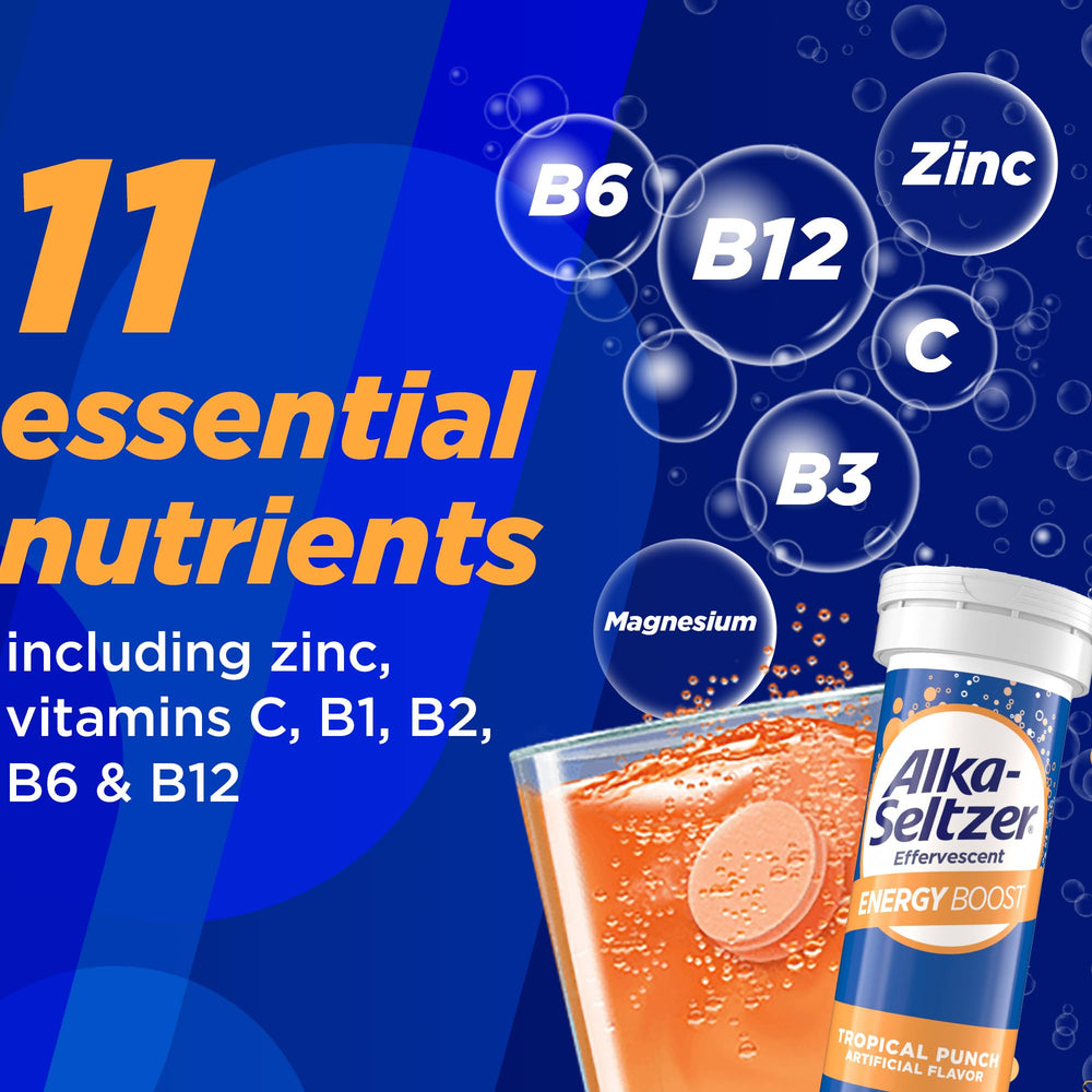 Packaging shown for gym and meetings with Alka-Seltzer Energy Boost.