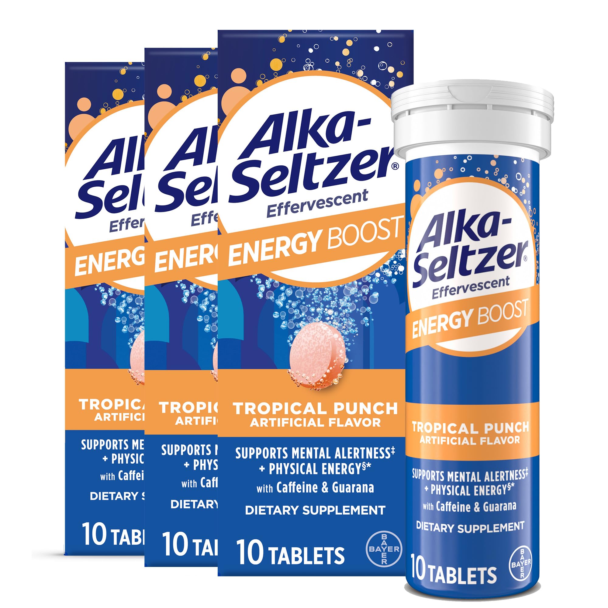 Alka-Seltzer Energy Boost tablet dissolving in water for quick energy