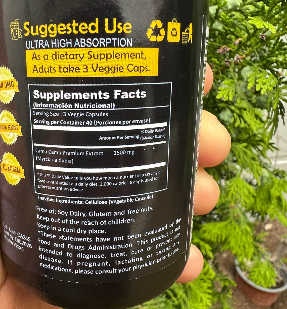 Alkaline Care Camu Camu capsules close-up highlighting vegan, whole-food formula.