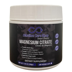 Alkaline Care Magnesium Citrate powder bottle for convenient daily magnesium support and digestion.