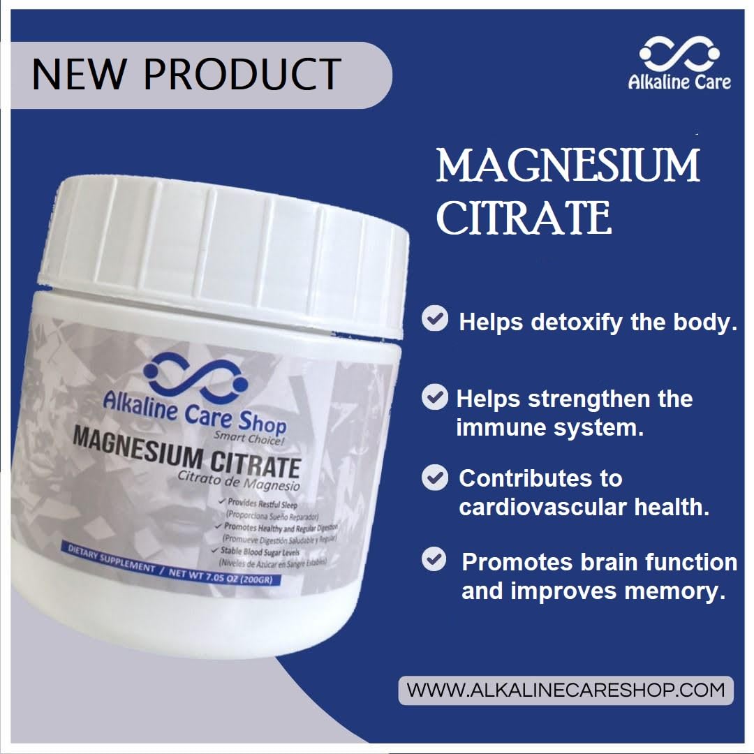 Alkaline Care Magnesium Citrate powder close-up of fine granules for easy absorption.