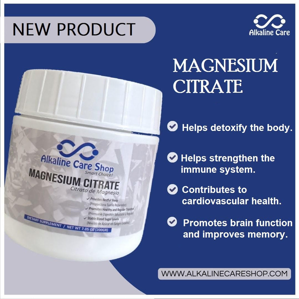 Alkaline Care Magnesium Citrate powder close-up of fine granules for easy absorption.