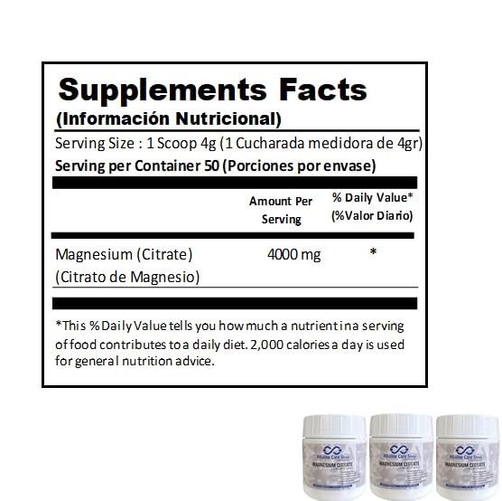 Alkaline Care Magnesium Citrate powder on a counter with scoop for daily routine.