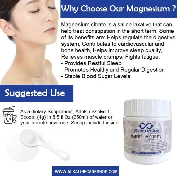 Alkaline Care Magnesium Citrate powder ingredients label highlights non-GMO, gluten-free formula.