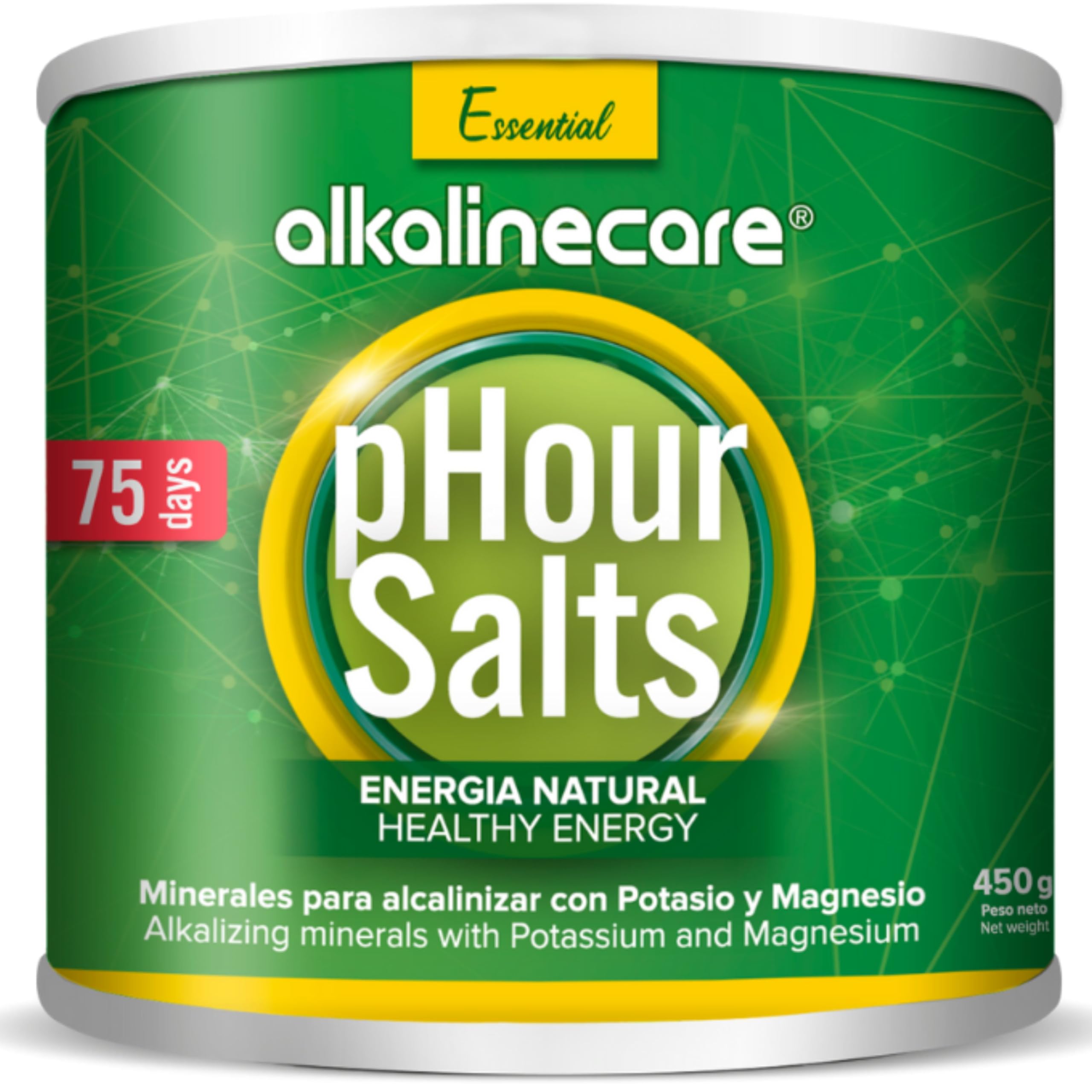 Alkaline Care PHOUR salts bottle top view promoting balanced minerals for daily energy.