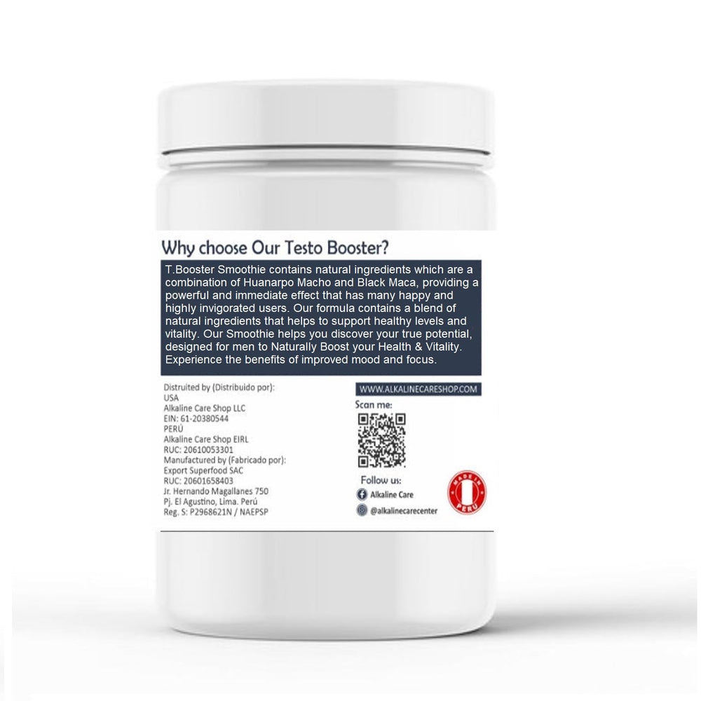 Alkaline Care TBooster with a smoothie featuring Black Maca and Huanarpo Macho.