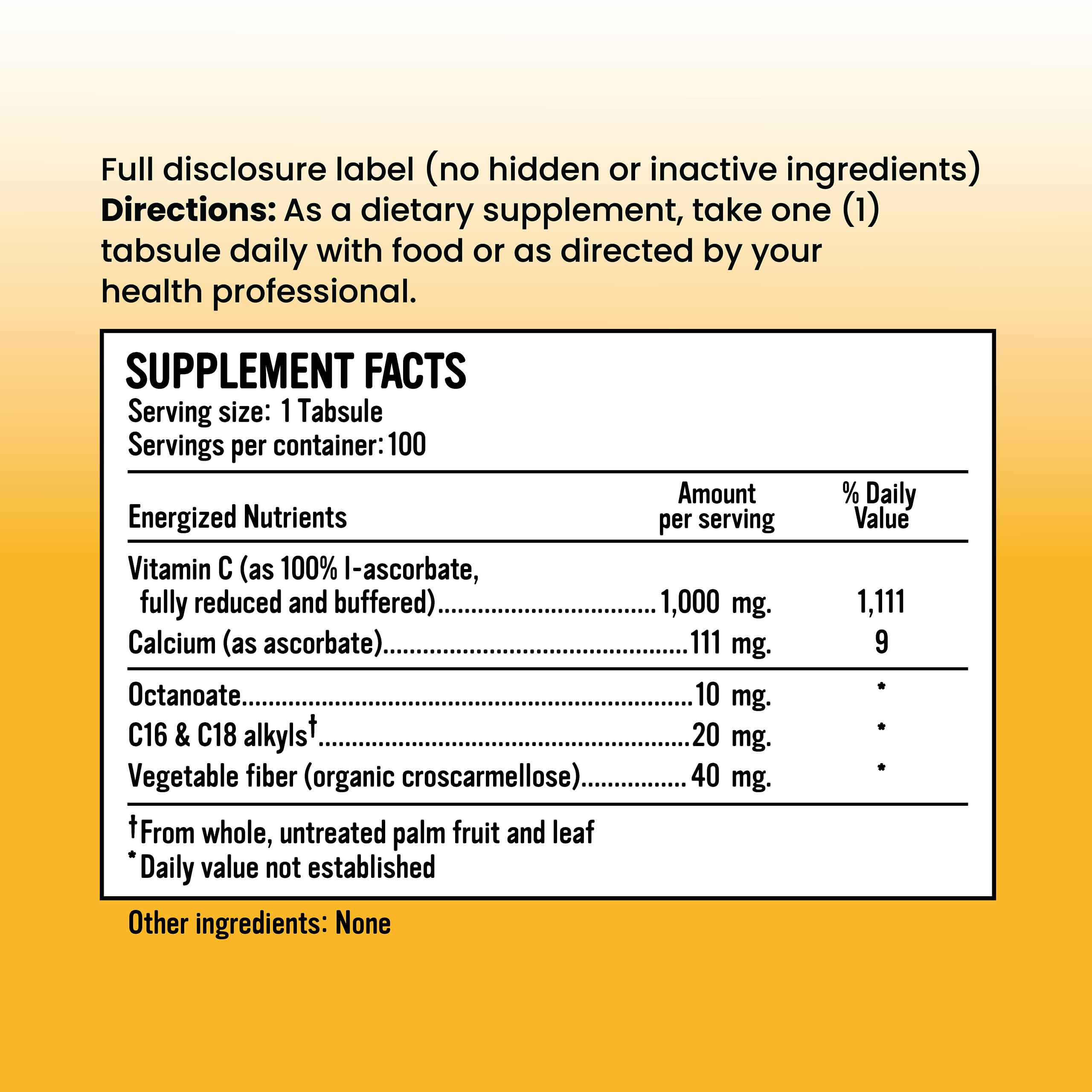 Close-up of Alkalini-C Tabs label highlighting corn-free, gluten-free, plant-based formula