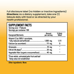 Close-up of Alkalini-C Tabs label highlighting corn-free, gluten-free, plant-based formula