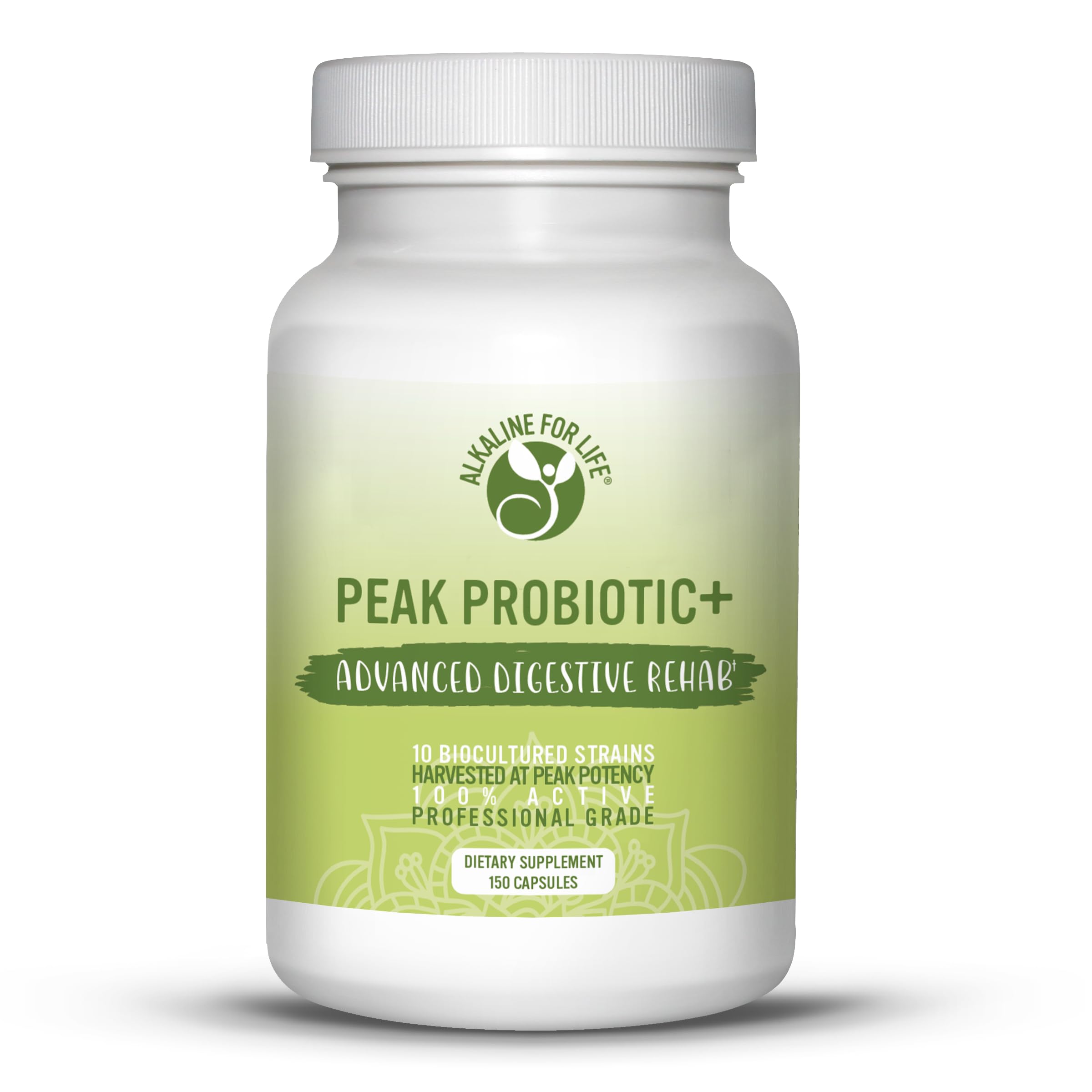 Alkaline for Life Peak Probiotic+ bottle with 7.5B probiotics for digestive balance.