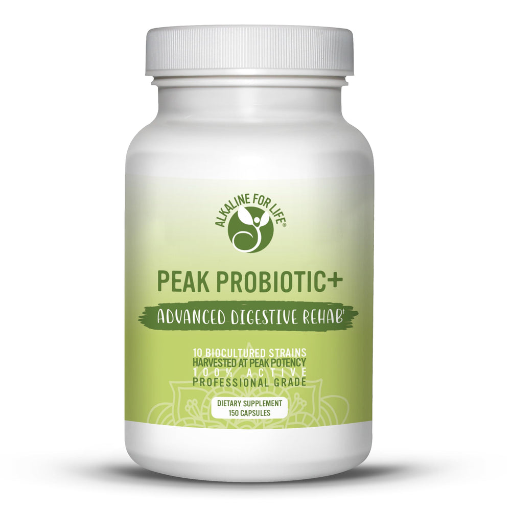 Alkaline for Life Peak Probiotic+ bottle with 7.5B probiotics for digestive balance.