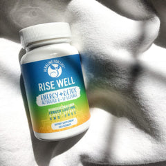Rise Well B12 bottle close-up reveals clean, non-GMO formulation.