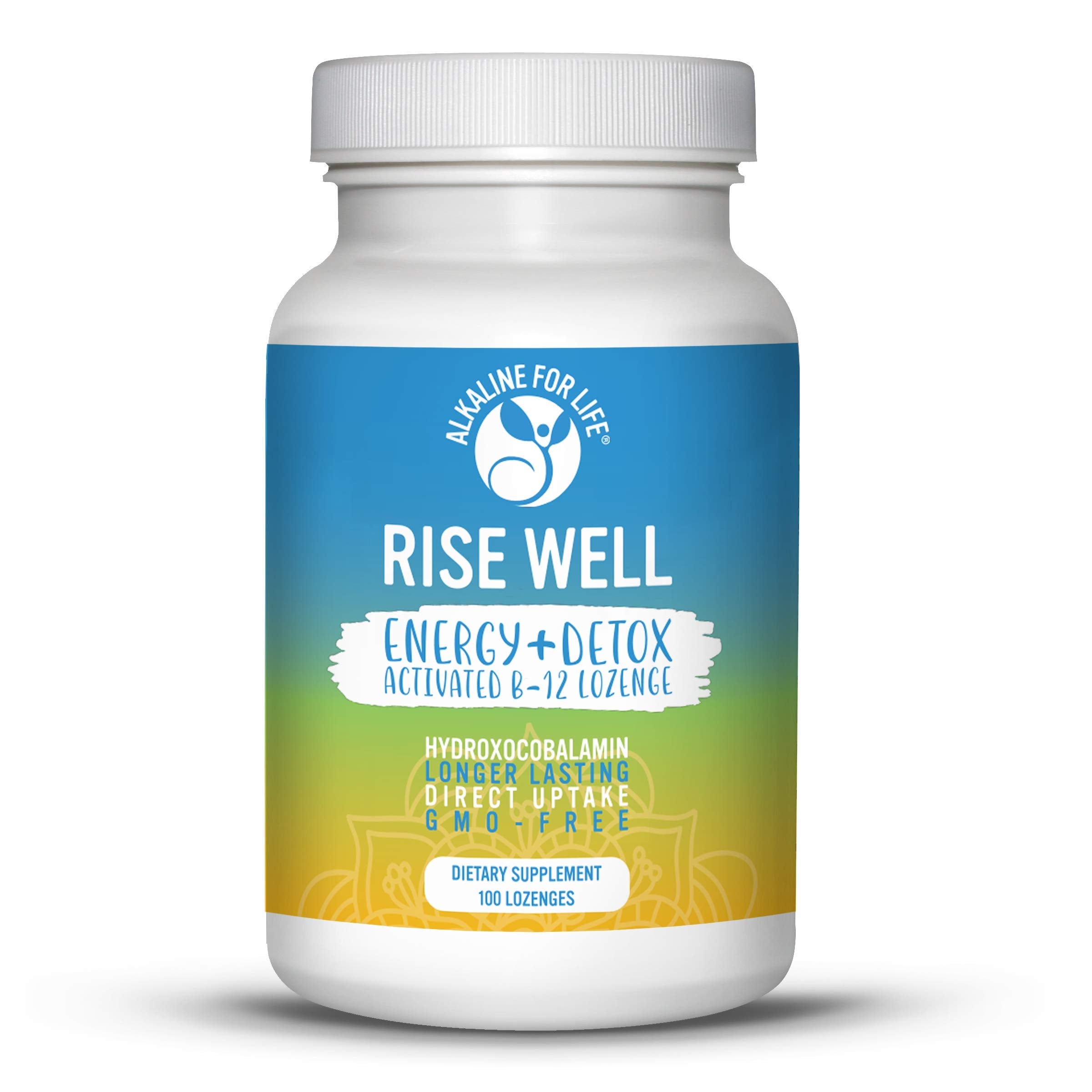 Rise Well B12 lozenge packaging shows vegan formula for daily energy support.