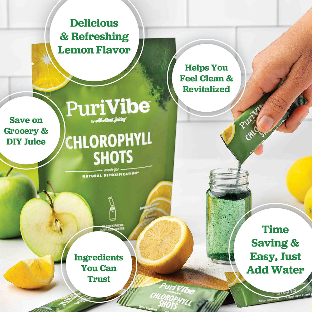 All About Juicing chlorophyll shot lemon-apple flavor for crisp hydration.