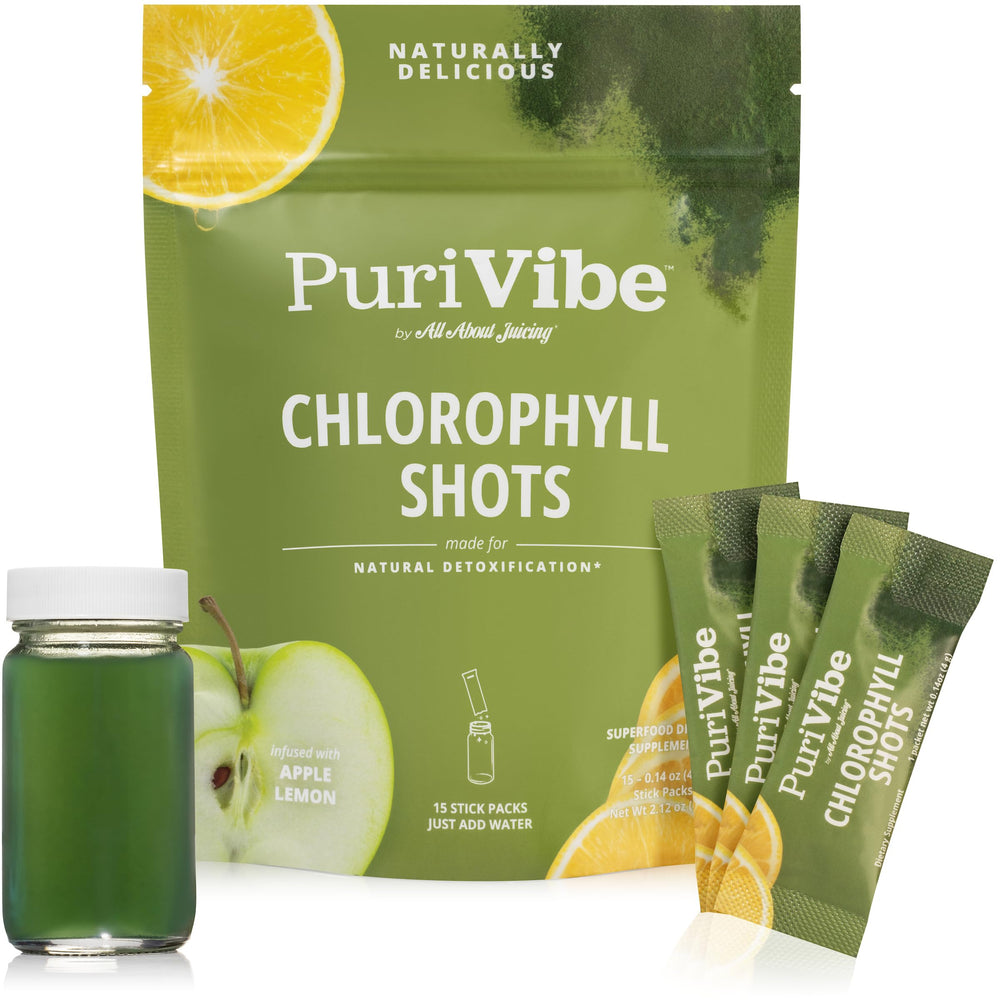 All About Juicing chlorophyll shot bottle ready for daily detox and refreshment.