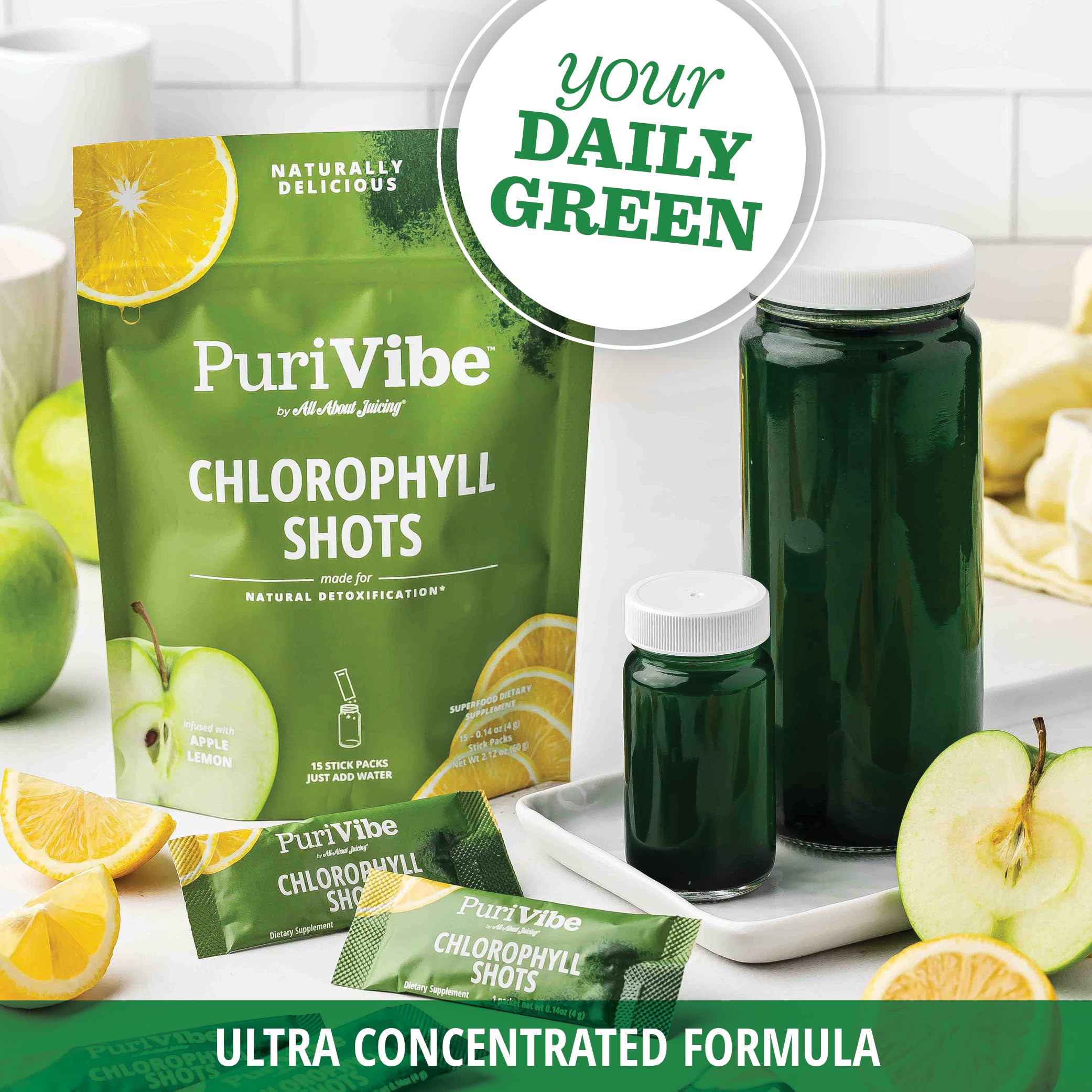 All About Juicing chlorophyll shot label highlights clean ingredients.