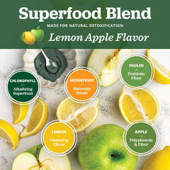 All About Juicing green shot with lemon and apple, natural whole-body support in a convenient format.
