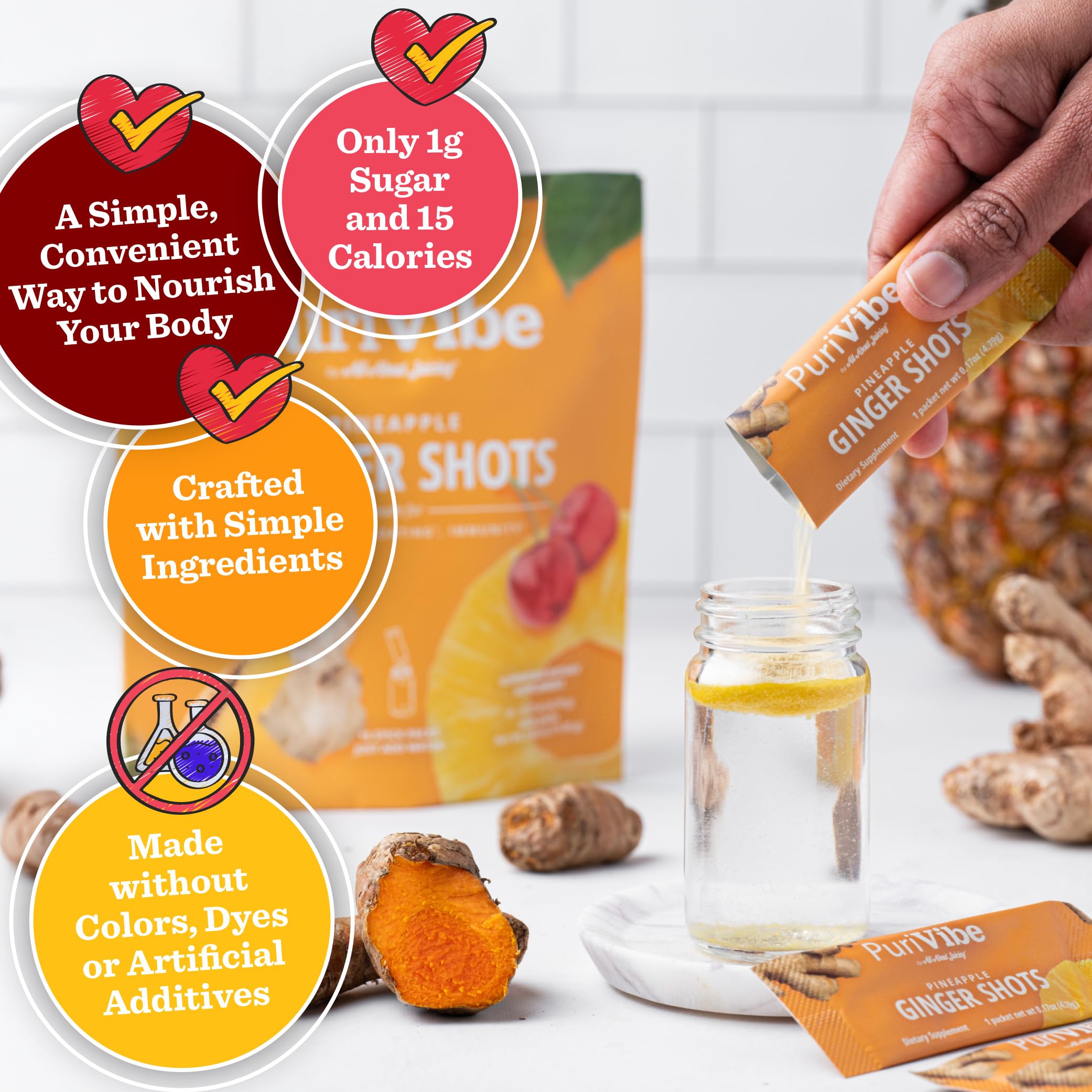 All About Juicing on-the-go stick pack beside a phone emphasizes fast immunity and digestion support.