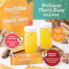 All About Juicing Puri Vibe shot bottle showcasing vibrant tropical flavors and natural ingredients.