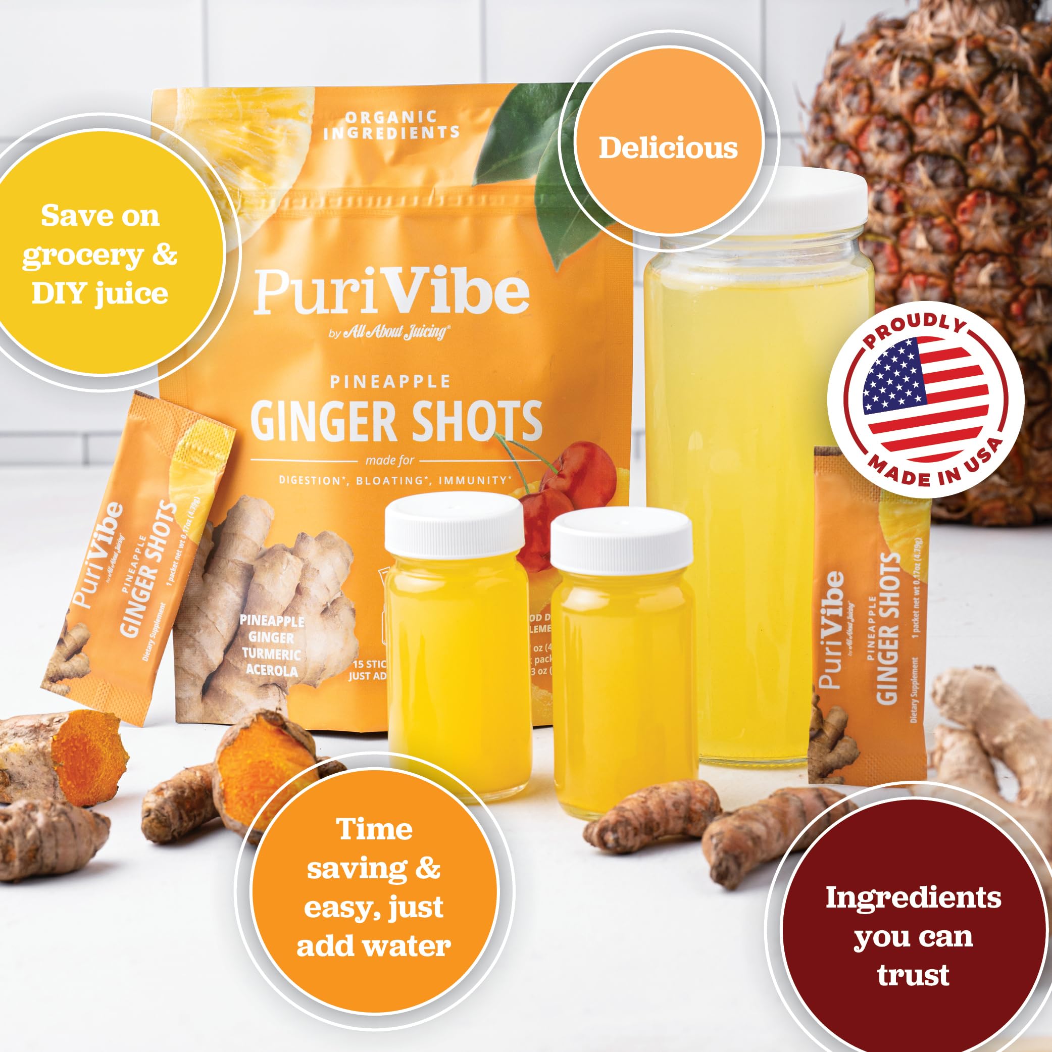 All About Juicing wellness stick-pack open and ready to mix with water for a quick boost.