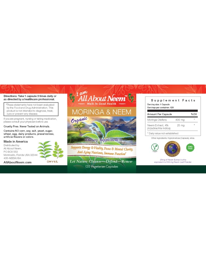 All About Neem capsules poured over the label highlighting vegan, non-GMO formula.