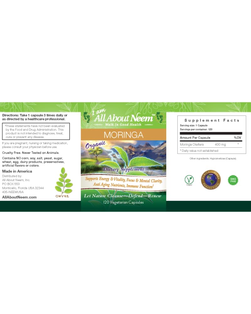 Capsules closeup of All About Neem Moringa Leaf Capsules for convenient daily nutrition.