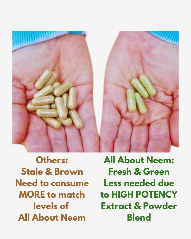 All About Neem label highlights organic ingredients and detox-friendly blend.