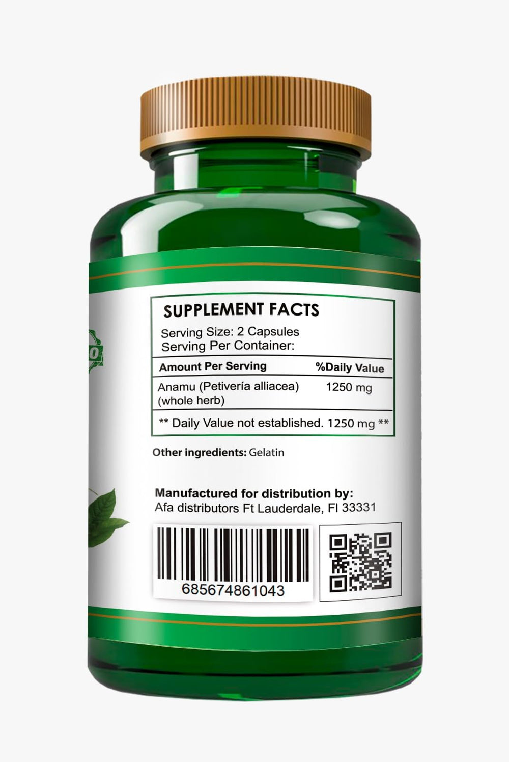 All Nue Anamu 1250mg bottle label close-up highlighting organic sourcing.