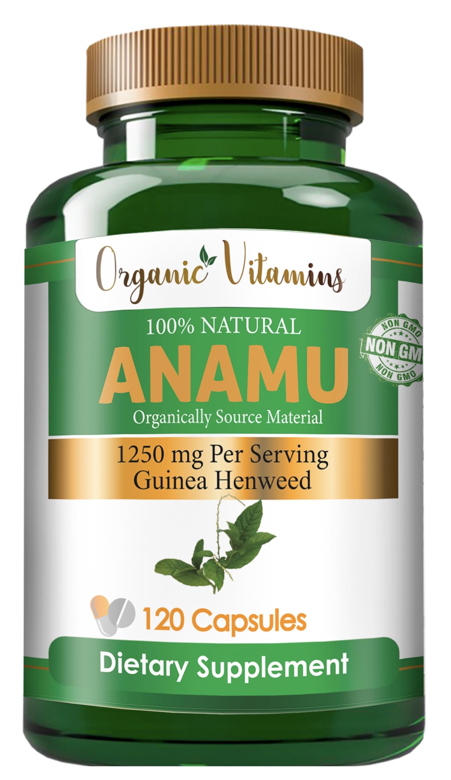 All Nue Anamu organic capsules close-up highlighting 100% organically grown formula.