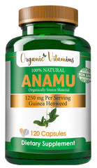 All Nue Anamu organic capsules close-up highlighting 100% organically grown formula.
