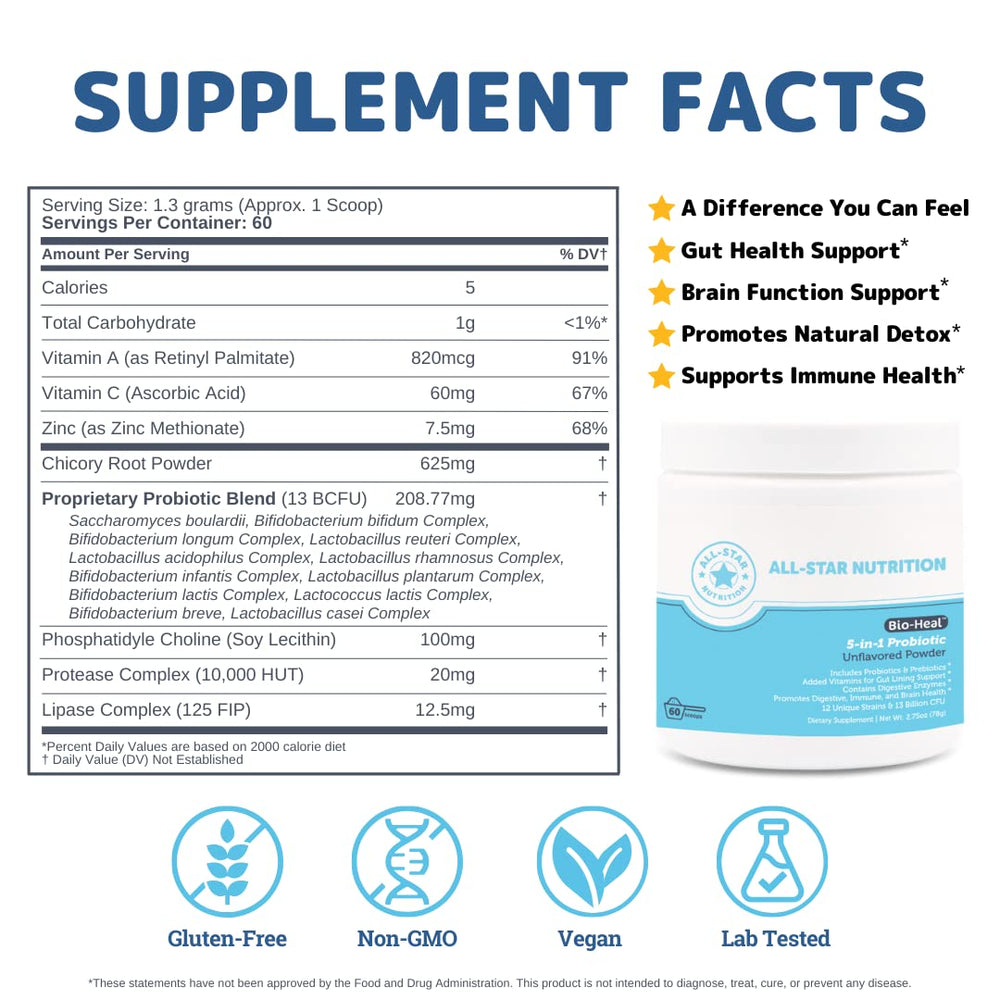 All-Star Nutrition Bio-Heal kids serving visual with dosing for digestive comfort