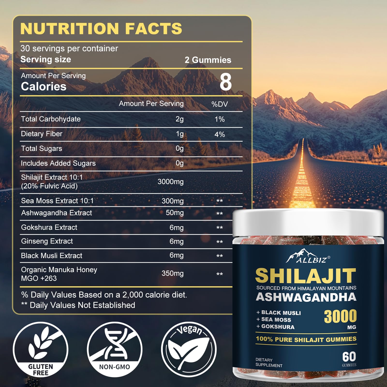 ALLBIZ ashwagandha and gokshura gummies ingredient panel showcases natural blends