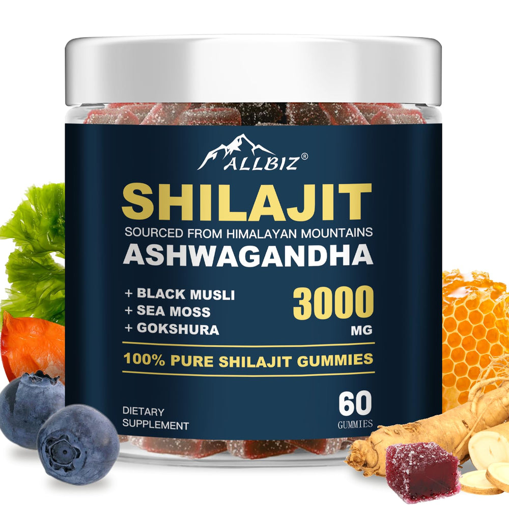 ALLBIZ gold Himalayan shilajit gummies bottle closeup highlighting premium energy support