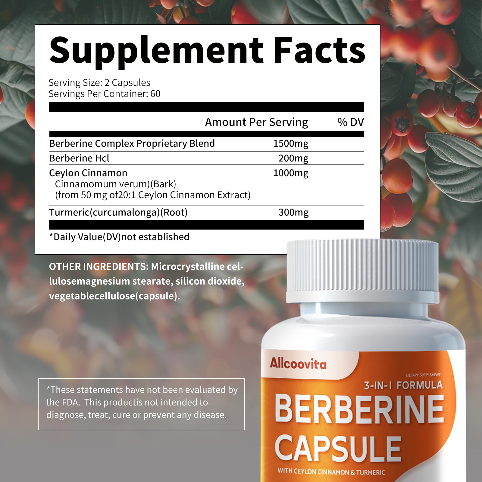 Allcoovita Berberine capsules ready for daily use, supporting energy metabolism.